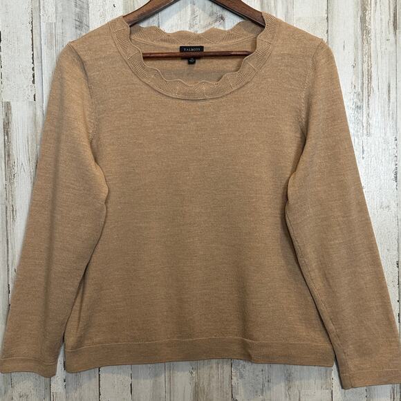 Talbots Sweaters - Talbots Sweater XL Camel Tan Scalloped Neck Quiet Luxury Preppy 100% Merino Wool